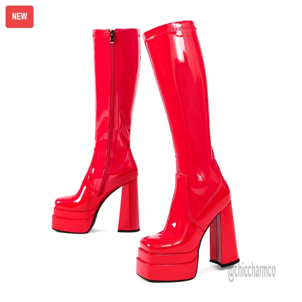 Platform Knee High Boots With Chunky Heel, Side Zipper, Stretchy Fit